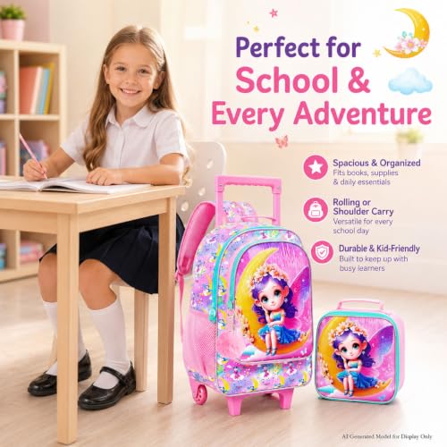 AGSDON 3PCS Kids Rolling Backpack, Girls Roller Wheels Bookbag, Wheeled Elementary School Bag with Lunch Bag - Mermaid - color: Moon Xn Zifa Roller