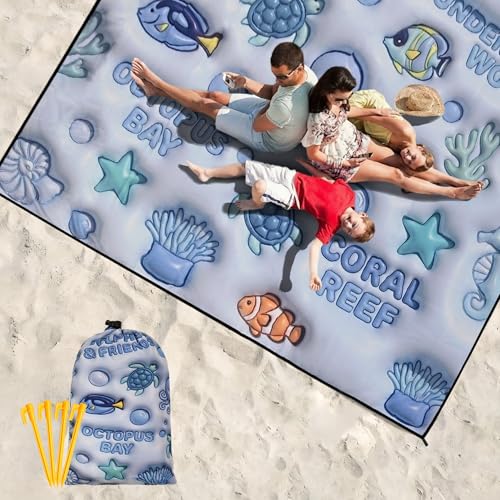 WIWIGO Beach Blanket Mat Waterproof Sandproof for 2-8 Adults Quick Drying - color: 3d - Ocean Light Blue, size: 79" X 83"(1-4person)