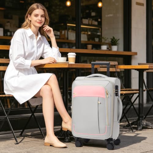 Softside Expandable Carry On Luggage, 20in Carry on Suitcase with Wheels - color: Grey/ Pink
