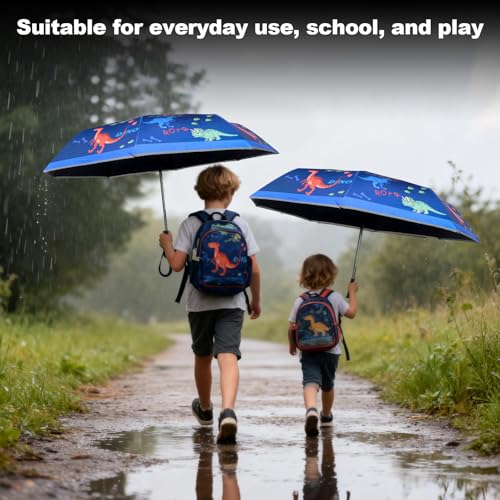Kids Automatic Umbrella with Cartoon Print & Reflective Strip,easy One-Button Open Close, UPF 50+ Sun & Wind Protection for School, Outdoor Safety for Boys and Girls
