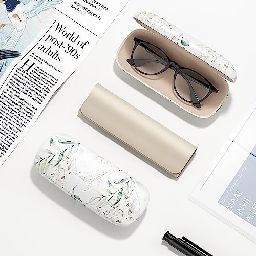 Eyeglasses Case, Hard Shell Protective Case for Glasses, Unisex for Women Men - color: White Background Leaves