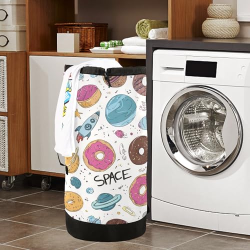 Cute White Donuts Planets Rockets Laundry Backpack Bag with Adjustable Shoulder Straps Handle Dirty Laundry Hamper Bag for Traveling Camp College Dorm Heavy Duty Waterproof Large Capacity - color: Cute White Donuts Planets Rockets