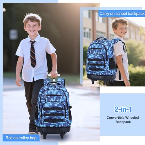 ACESAK 3PCS Camo Rolling Backpack for Boys with Lunch Box Pencil Case - color: Camo Blue