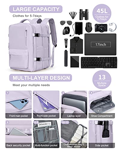 WONHOX Large Travel Laptop Backpack Expandable Flight Approved Backpack Carry on Backpack for Women Men Waterproof 17inch Laptop Daypack Hiking Work Backpack with Shoe Compartment Purple - color: A1-purple