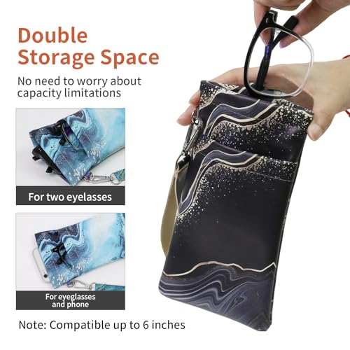 Double Eyeglass Case Soft Dual Glasses Case for Women Men Travel Squeeze Top Sunglasses Cases Eyeglasses Pouch - color: Black+blue Sand