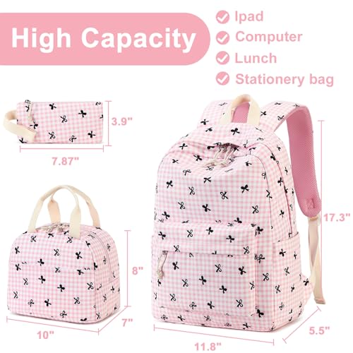 LEDAOU Backpack for Girls School Bag Kids Bookbag Teen Backpack Set Daypack with Lunch Bag and Pencil Case - color: B -Pink Checkered Bowtie -6