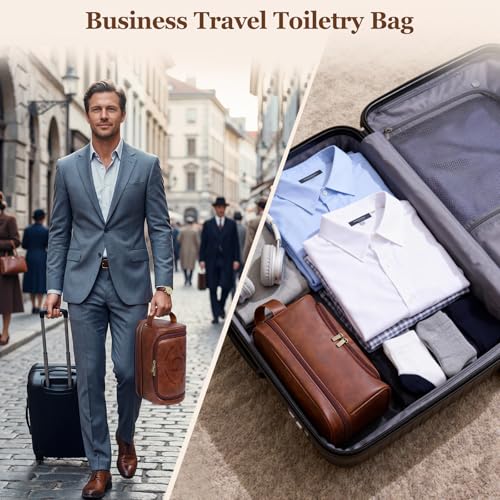 Customized Gifts Travel Leather Toiletry Bag for Mens, Engraved Name Initial PU Leather Waterproof Large Shaving Bag with Hooks, Unique Birthday Gifts for Him Men Dad Son Brother,G