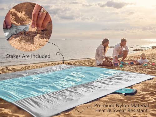 WEKAPO Beach Blanket Sandproof Waterproof, Extra Large Beach Mat, Oversized & Compact Sand Free, Quick Drying Beach Essentials for Vacation, Cruise, Picnic & Camping with Stakes - color: Grey, size: 7x7 FT (1~3 person)