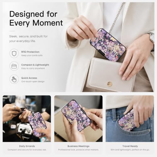 Credit Card Holder RFID Aluminum card case Floral 2 mini Wallet Women Men - color: Purple Floral