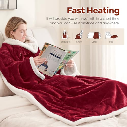 MAXEVE Heated Wearable Blanket with Foot Pocket & Sleeves Electric Snuggle - color: Wine, size: Long