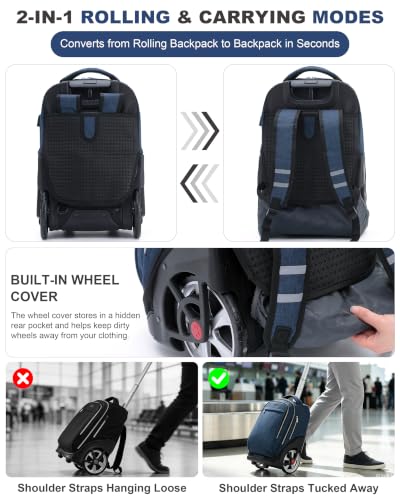 NEW TILAMI 19 Inch Rolling Backpack for School Stair-Climbing, Navy Blue - color: Navy Blue