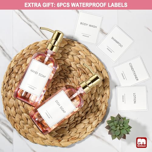 GMISUN Pink Soap Dispenser Bathroom, 2 Pack Kitchen Hand and Dish Soap Dispensers Set, 17 Fl Oz Pink Glass Soap Dispenser with Gold Pump, Refillable Modern Farmhouse Liquid Soap Pump Bottles - color: Pink Bottle + Golden Pump, size: 2 Pack