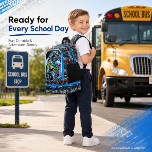 CCJPX 3Pcs Backpack for Boys, 16 Inch Preschool Elementary Kindergarten School Backpacks and Lunch Box - color: Truck 2 in 1