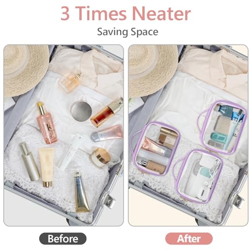 PACKISM Clear Makeup Bag Travel - TSA Approved Toiletry Bag, 3 Pack Purple - color: Purple, size: Medium Set (Patterned/ Lace Edition)
