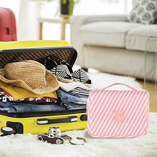 Hanging Toiletry Bag for Women, Portable Pink Striped Summer Beach Bag - color: Pink