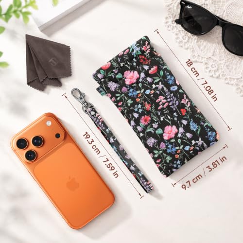 FINTIE Double Sunglasses Pouch with Strap, Squeeze Top Eyeglasses Case - color: Black Floral