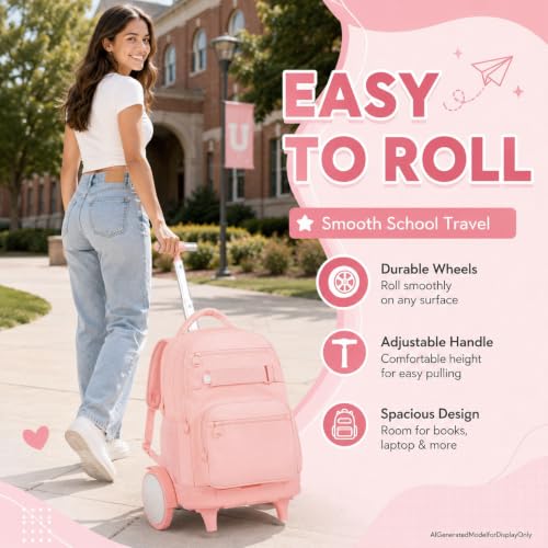 3Pcs Large Wheels Rolling Backpack for Girls Women, 20 Inches Detachable Wheeled Backpack Set, Water Resistant Roller Backpack for Travel Work College School (Pink) - color: Cassic-pink (Large Wheels)