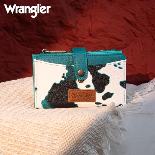 Wrangler Wallet for Women Bifold Card Holder with Zipper and ID Window - color: Cow Print - Light Turquoise