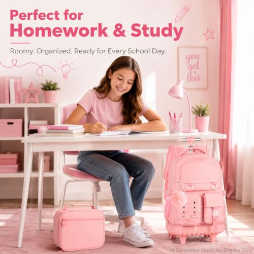 UFNDC 3PCS Rolling Backpack for Girls, Women Pink Roller Backpacks with an Interlaced Ribbon Bow, Water-Resistant Travel Wheeled Bookbag - color: Rolling Backpack Ribbon Bow Pink