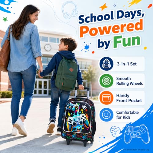 KLFVB Rolling Backpack for Girls Boys, Kids Roller Wheels School Bookbag with Lunch Bag, Wheeled School Bag for Children - color: Upgraded Uv Printing Game Console Set