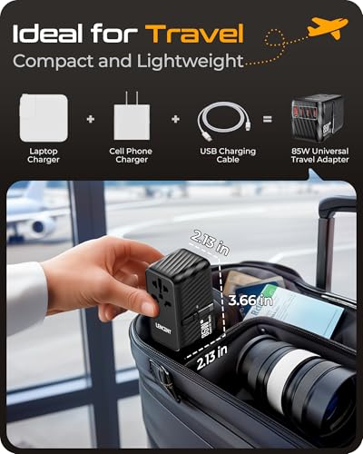 LENCENT 85W Universal Travel Adapter with Retractable USB C Cable, GaN - color: Black