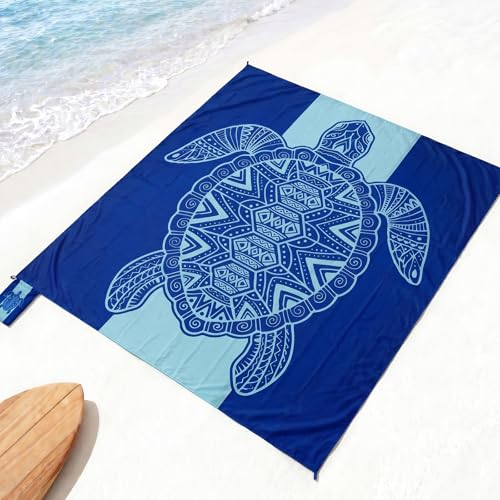 Beach Blanket Waterproof Sandproof with Stakes,Sand Pockets and Carry bag - color: Blue Seaturtle