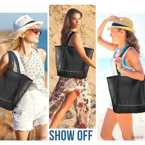 HOHOM Beach Bags for Women, Summer Travel Mesh Tote Bag with Large Inner Pocket, Sandproof Woven Shoulder Handbag - color: 석탄 블랙
