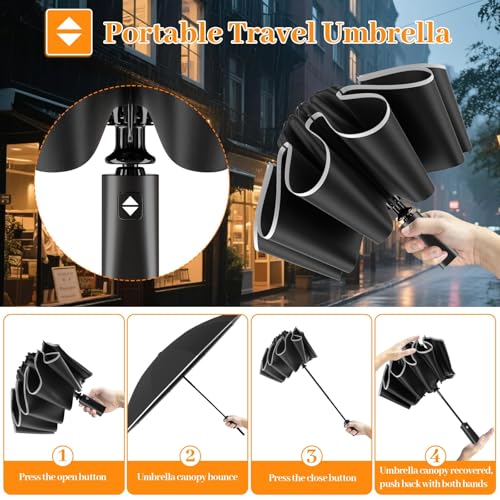 ExploreBliss Inverted Automatic Travel Umbrella with Reflective Strip, Windproof & Compact Folding Umbrella, Strong Lightweight Rain Umbrella with One-Button Open/Close for Men & Women - color: Black
