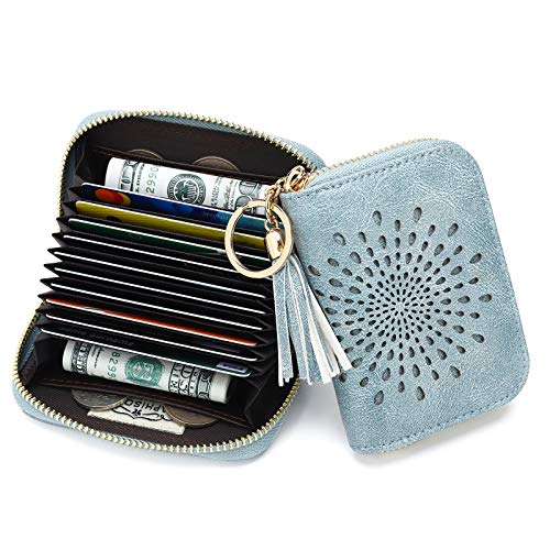 APHISON RFID Credit Card Holder Zipper Card Case Keychain Small Wallet for Women 1927 BLUE - color: 0-3BLUE(single zip)