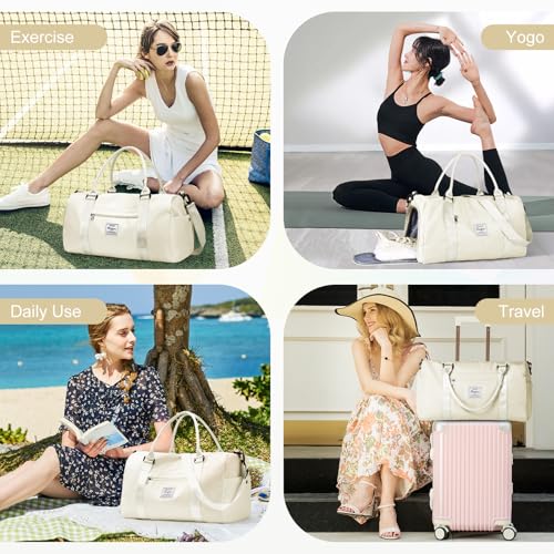 Gym Bag Womens with Shoes Compartment Travel Duffel Bag Cream White - color: B15-Off White+Toiletry Bag