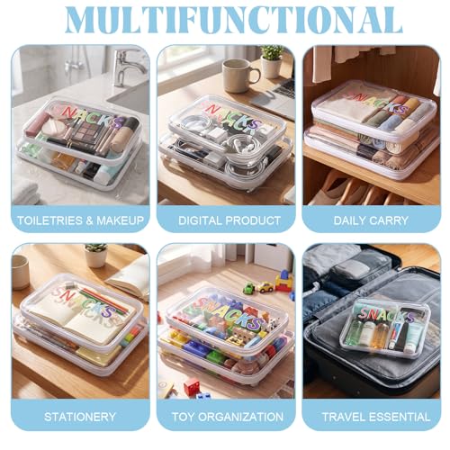 2 Pack Snack Bag Clear Hard Zipper Case Hard Plastic Zipper Pouches Travel Makeup Bag Snack Plastic Storage Organizer Box Transparent Cases for Women Travel Summer Vacation (M,L,White)