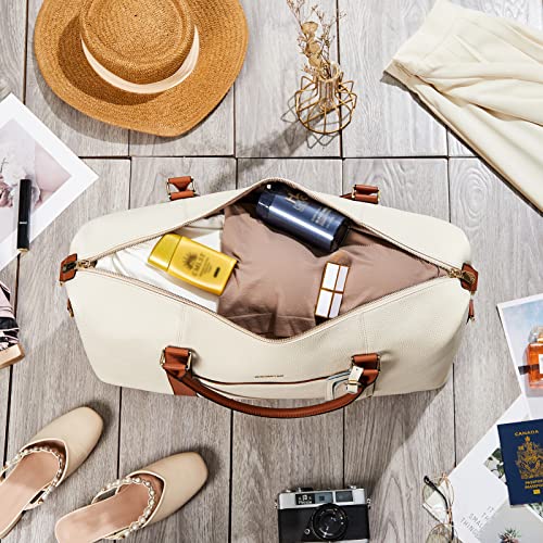 BOSTANTEN Weekender Bags for Women Genuine Leather Duffle Overnight Bag - color: Beige&Brown