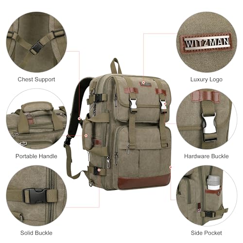 WITZMAN Canvas Travel Backpack for Men Large Laptop Backpack Fits 16 Inch - color: Army Green