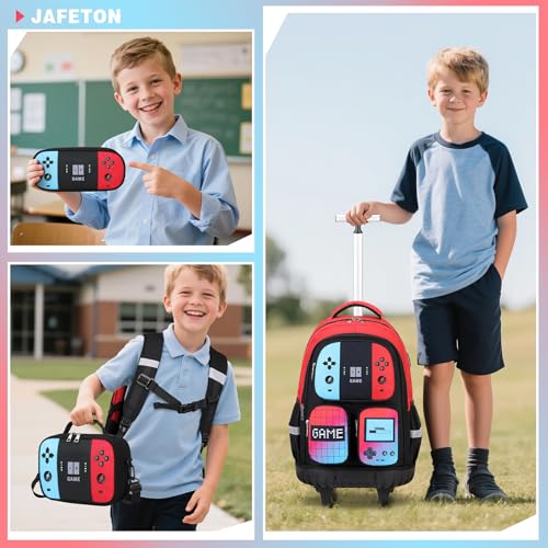 3PCS Gamer Boys Rolling Backpack with Lunch Box & Pencil Pouch (Red Blck) - color: Red Black