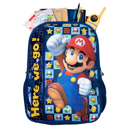 AI ACCESSORY INNOVATIONS Super Mario Brothers 5 PC Backpack Set, Girls & Boys School Bag 16” with Front Zip Pocket, Blue - color: Navy Mario