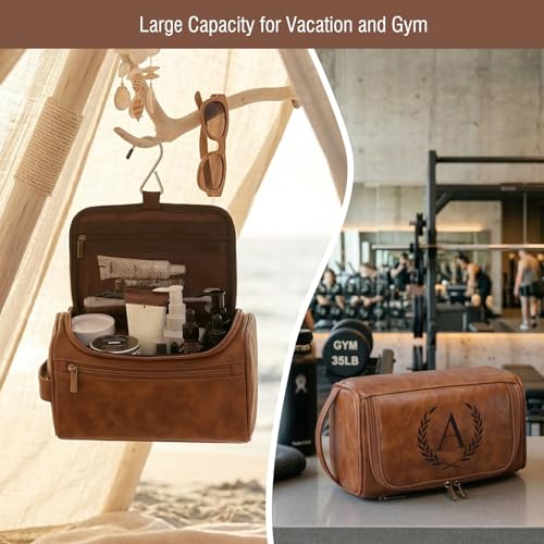 Travel Toiletry Bag Hanging For Mens PU Leather - Yellow Brown (Initial B) - color: Yellow Brown, style: B