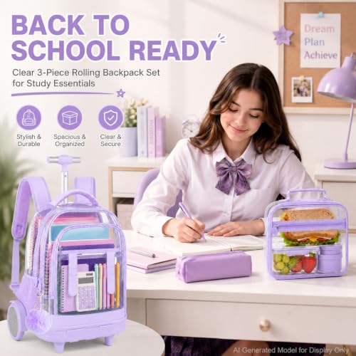 KLFVB Women & Girls Clear Rolling Backpack with Big Quiet-Glide Wheels, 3-in-1 Transparent Wheeled Commuter Set with Lunch Bag | Water-Resistant See-Through Roller Bag for Travel, School - Purple - color: Purple Clear Rolling Backpack with Big Wheels