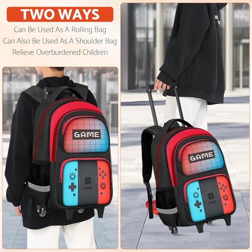TILYTADLY Boys Rolling Backpack for Kids - Gamer Kids Rolling Backpack with Wheels for Elementary Middle School - Roller School Bookbag,HFHTDC Wheeled Travel Bag for Boys Aged 6-18 - color: 2c-red-blue-backpack Only