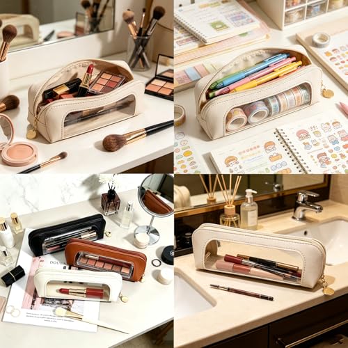 Beige Clear Makeup Bag, PU Leather Travel Makeup Brush Holder - color: Beige