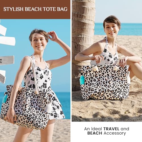 Clothirily Beach Bag for Women, Large Beach Tote Bag Waterproof with Zipper - color: Leopard Print