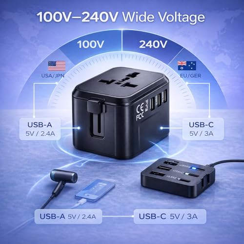 Universal Travel Adapter for 200+ Countries, International Plug Adapter with 2 USB-C & 2 USB-A, All-in-One European Power Adapter for UK US EU AUS Travel