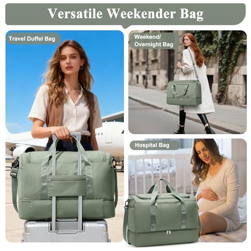 Large Travel Duffel Bag with Shoe Compartment, Weekender Bags for Women - color: B-Green with Toiletry Bag, size: Large