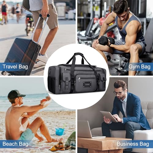 WITZMAN Duffle Bag for Men Large 55L Travel Duffel with Shoe Compartment - color: Silvery Grey