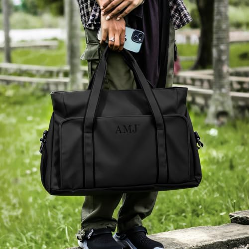 AMJ Travel Duffel Bag for Women Men, PU Leather Gym Bag with Detachable Shoulder Strap, Large Carry On Weekender Overnight Bag Tote - Black - color: Black