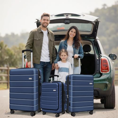 KEYTANG SmileLine 3-Piece Luggage Set Lightweight Hardside Suitcase TSA Lock Spinner Wheels, 20" Expandable Carry-On Luggage with Quick Access Front Open Pocket, Bonus Makeup Bag,Navy Blue - color: Navy Blue, size: 666-3 Piece Set