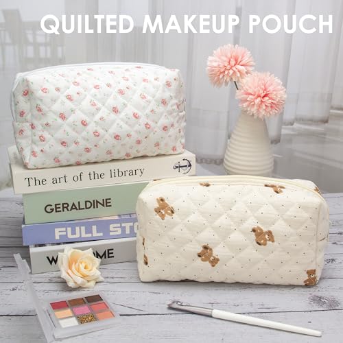 PAZIMIIK Small Quilted Makeup Bag,Zipper Cosmetic Pouch,Gauze Bear - color: Gauze Bear