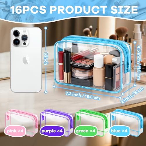 YedsIntu 16 Packs Clear Makeup Bag Bulk, Waterproof Cosmetic Storage Bags, TSA Approved Toiletry Bags PVC Zipper Plastic Pouches for Organizing Travel Bathroom - color: 16pcs Multicolored-M