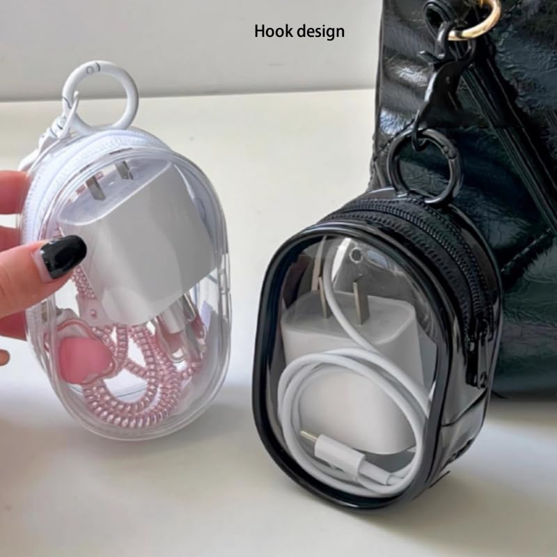 Portable Cable Organizer Case with Clip, Clear Charger Storage Pouch for Travel, Mini Electronics Organizer for Phone Cable, Earphones, Charger, USB Accessories (Transparent White – With Clip)
