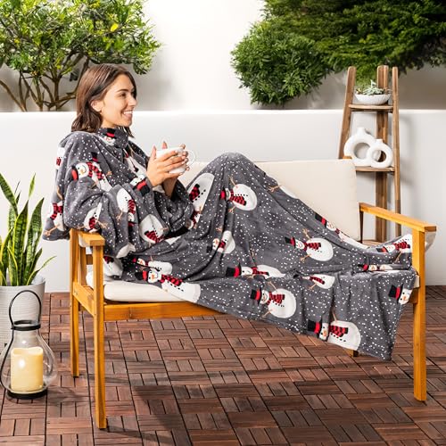 PAVILIA Blanket with Sleeves for Adult Women Men, Soft Warm Wearable Blanket Fleece Wrap Throw, Robe Blanket Gift - color: Snowman Gray