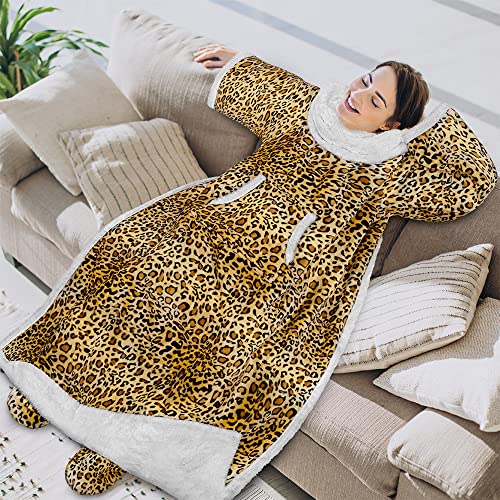 PAVILIA Sherpa Blanket with Sleeves, Foot Pockets Women Men, Cheetah Print - color: Cheetah, size: Sherpa